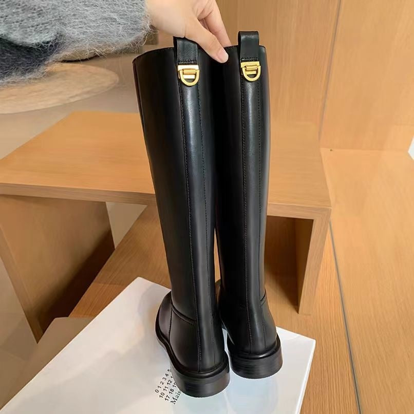 Botas Biker Largas para Mujer con Punta Redonda, Cremallera Lateral y Forro de Borrega