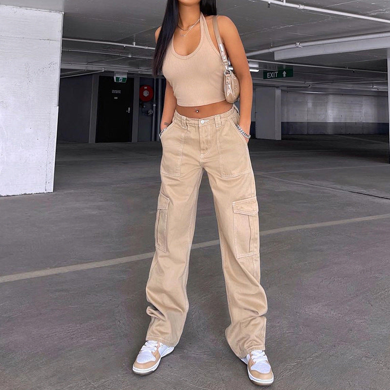 Pantalones de Trabajo Estilo Casual con Múltiples Bolsillos, Corte Recto y Cintura Alta
