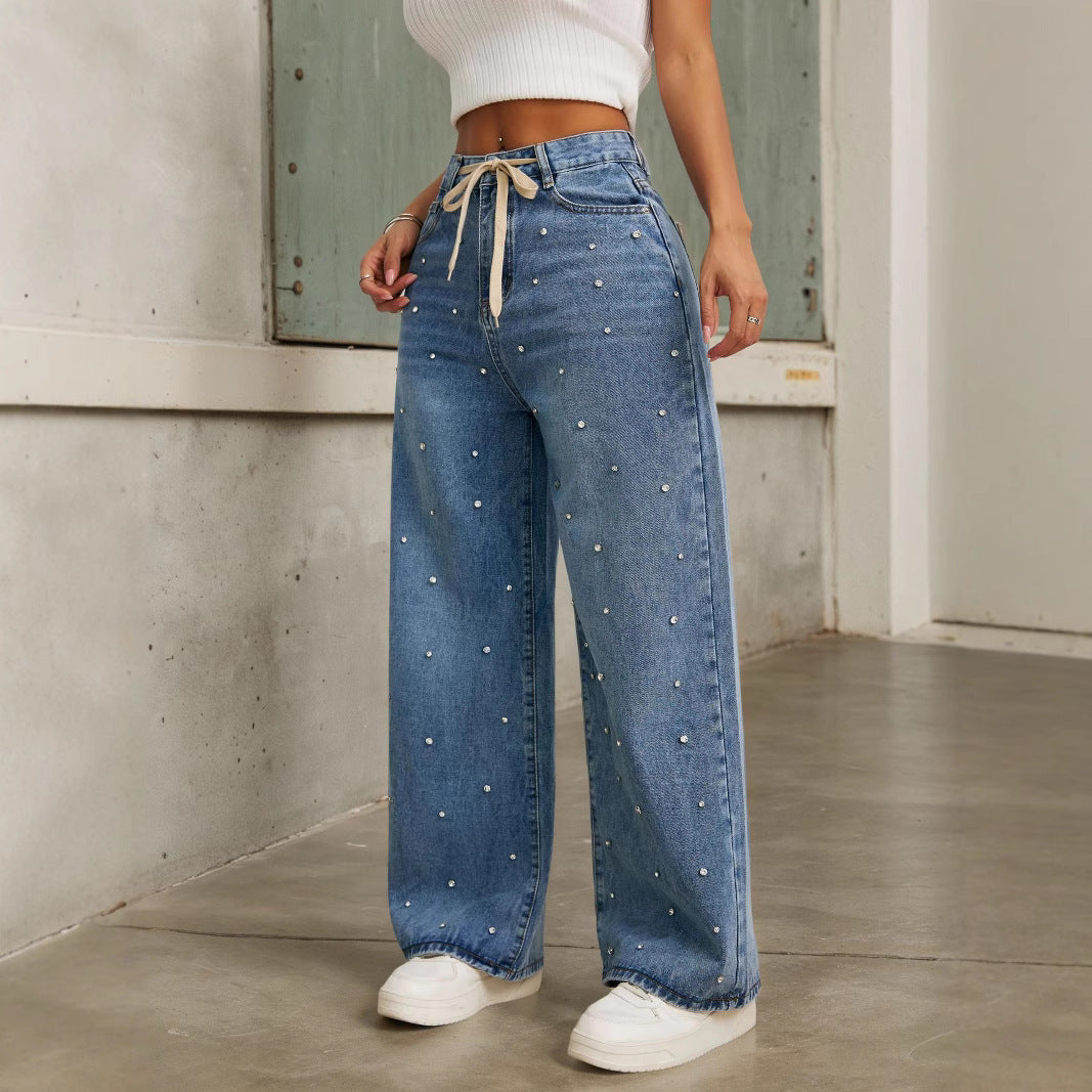 Pantalones de moda de cintura alta, rectos, sueltos, de pierna ancha tipo "mop" con adorno tipo baht.