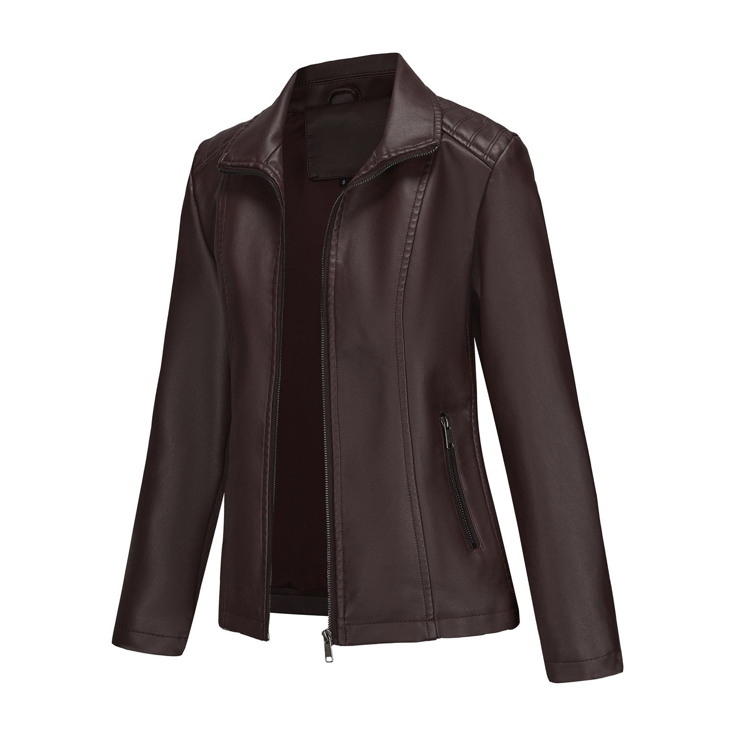 Chaqueta de Mujer en Cuero con Costuras de Punto y Corte Elástico