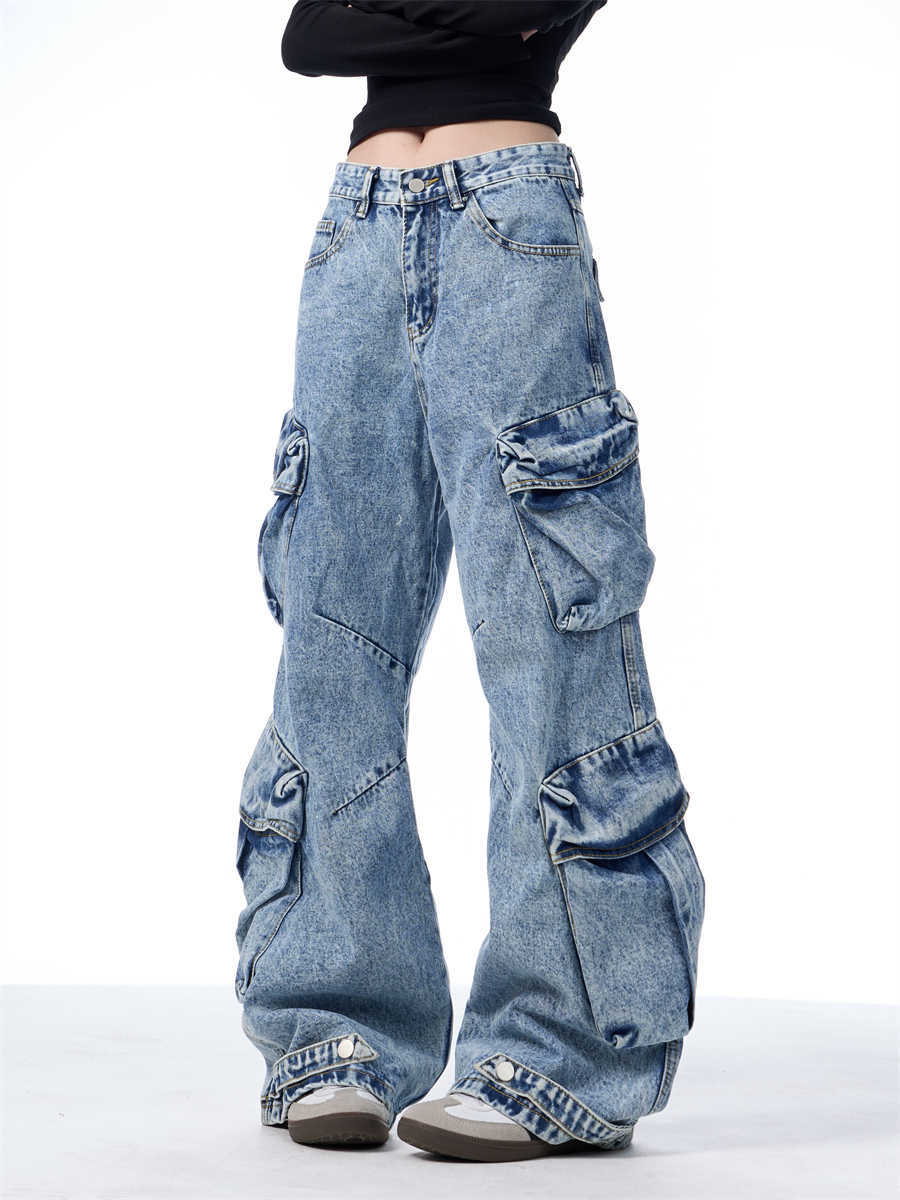 Jeans de trabajo para mujer con múltiples bolsillos, sueltos y de pierna ancha.