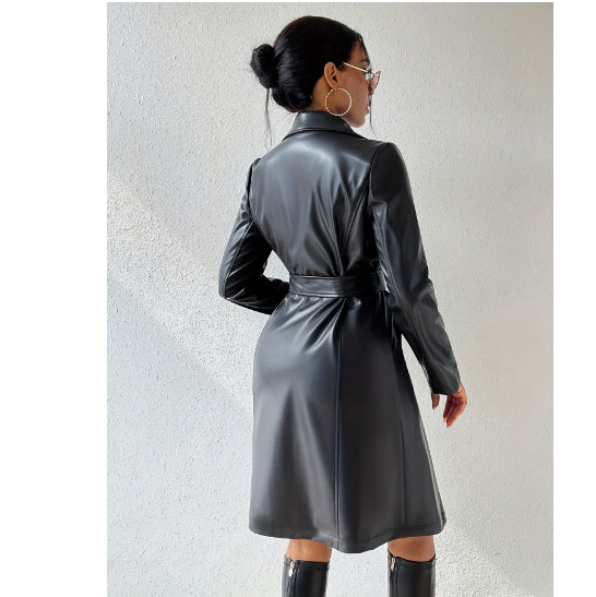 Gabardina Larga Slim Fit para Mujer de PU con Mangas Largas