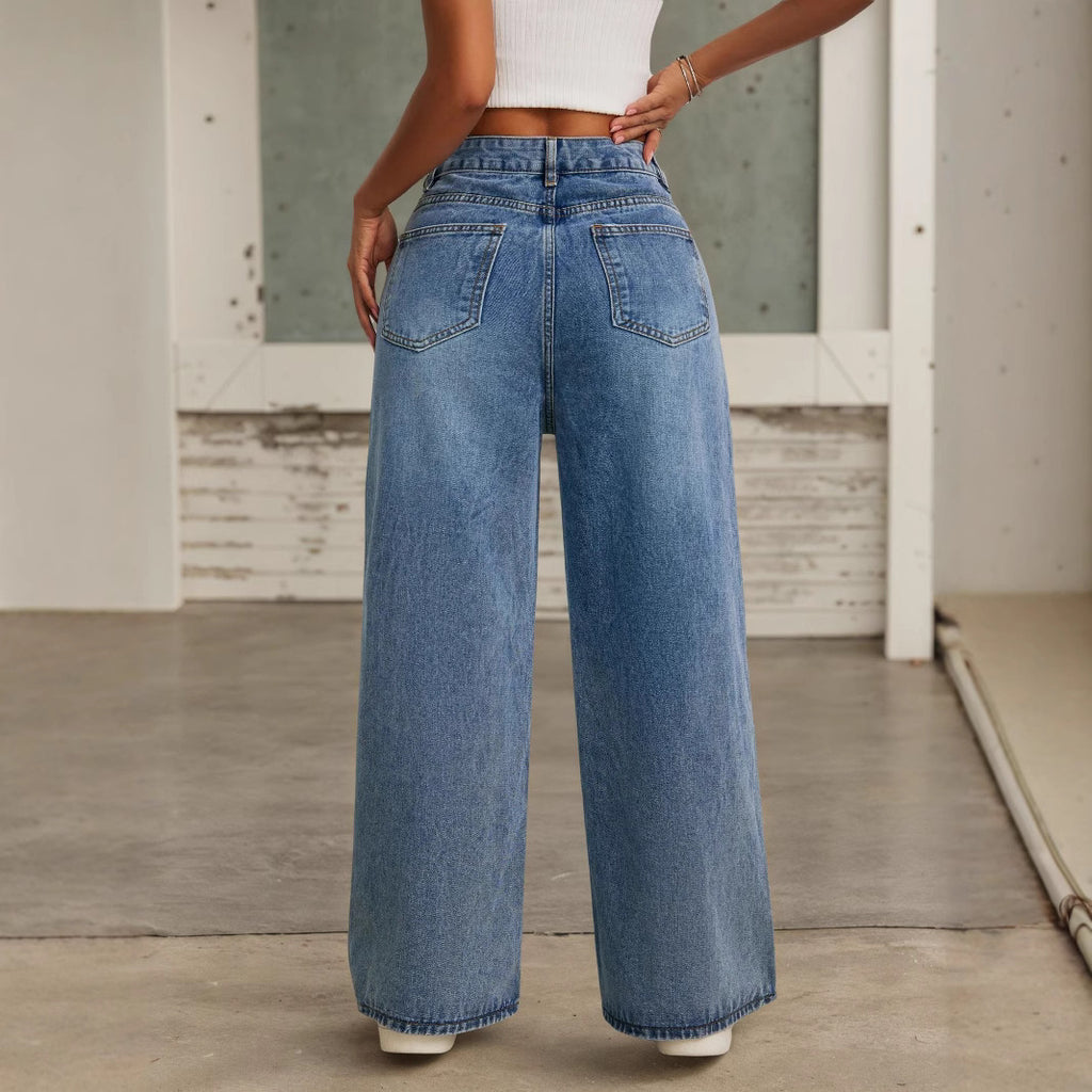 Pantalones de moda de cintura alta, rectos, sueltos, de pierna ancha tipo "mop" con adorno tipo baht.