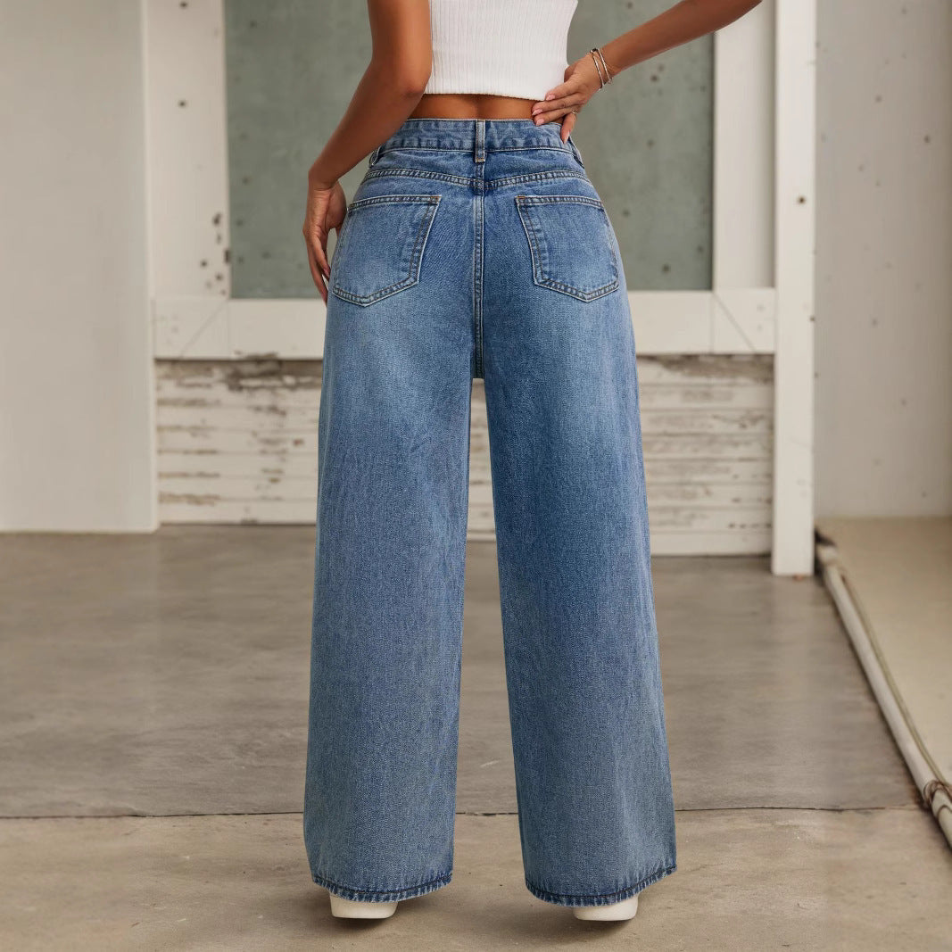 Pantalones de moda de cintura alta, rectos, sueltos, de pierna ancha tipo "mop" con adorno tipo baht.