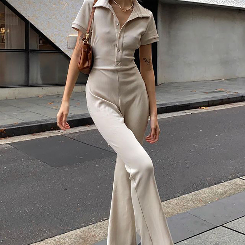 Jumpsuit Ajustado para Mujer – Espalda Descubierta, Solapa y Botones