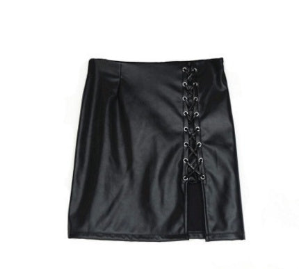 Falda negra de cuero PU con cordones
