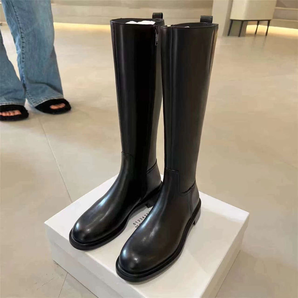 Botas Biker Largas para Mujer con Punta Redonda, Cremallera Lateral y Forro de Borrega