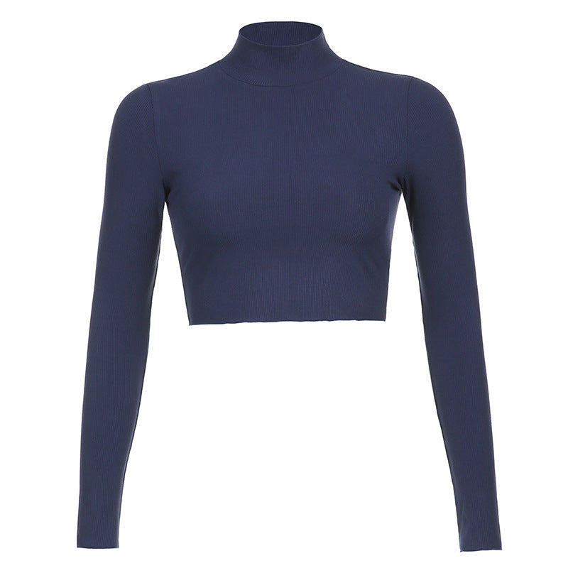 Blusa corta básica de mujer, color sólido y cuello alto