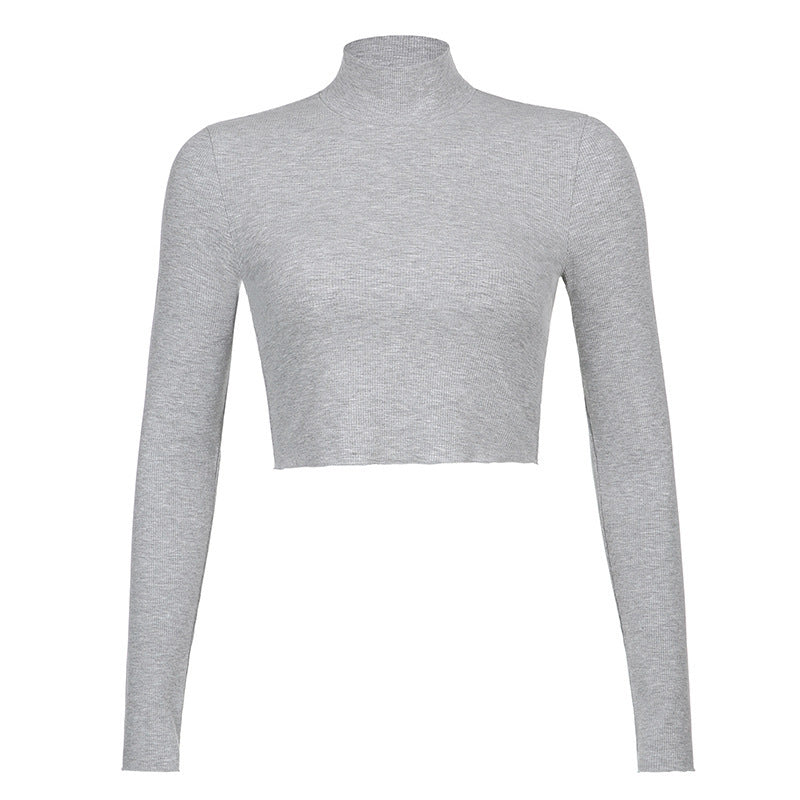 Blusa corta básica de mujer, color sólido y cuello alto