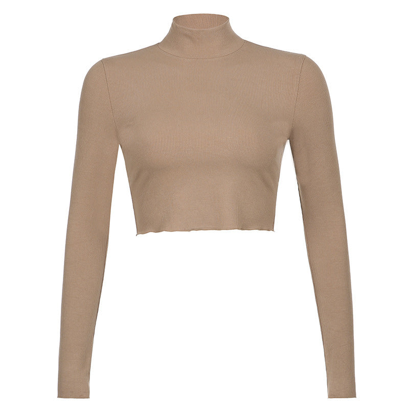 Blusa corta básica de mujer, color sólido y cuello alto