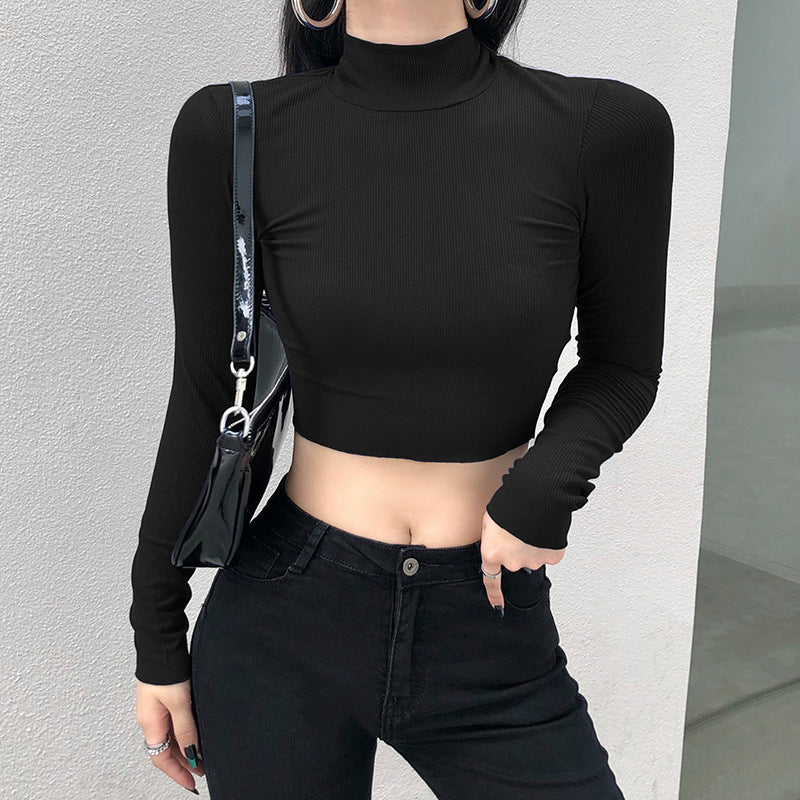 Blusa corta básica de mujer, color sólido y cuello alto