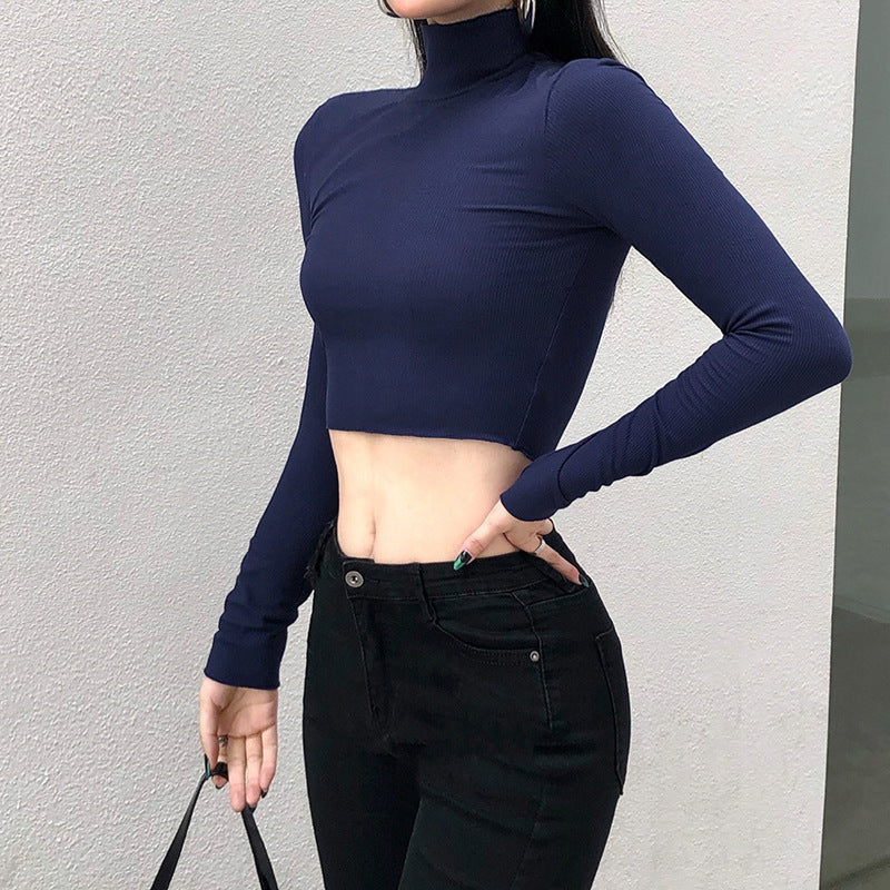 Blusa corta básica de mujer, color sólido y cuello alto