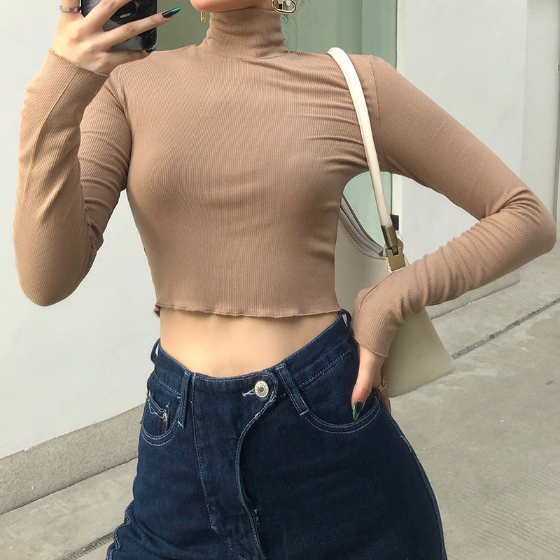 Blusa corta básica de mujer, color sólido y cuello alto