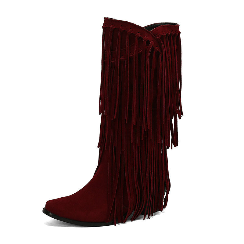 Botas Altas de Gamuza con Tacón y Flecos para Mujer – Otoño e Invierno