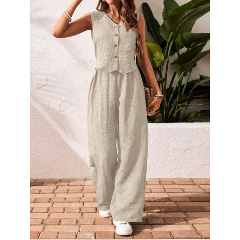 Chaleco y pantalones de lino para uso casual y de oficina, con cierre frontal de botones.