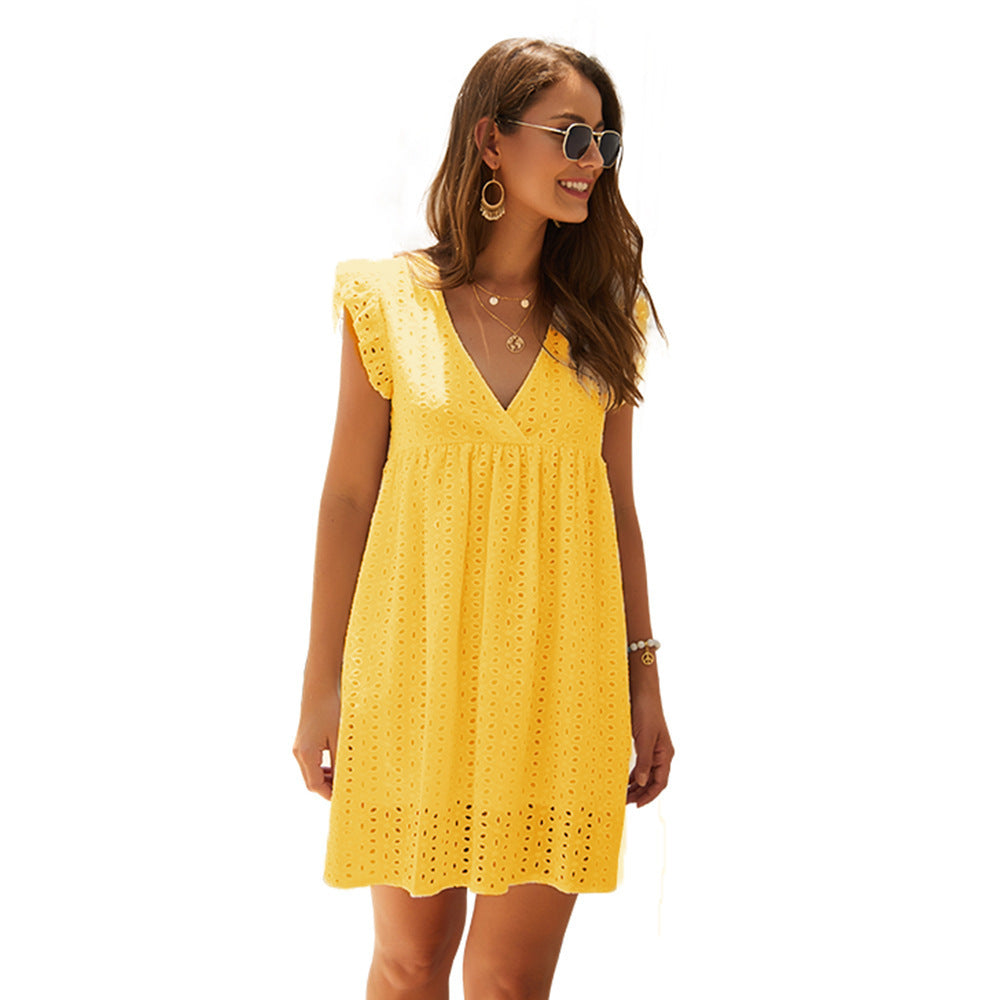 Vestido Corto de Verano para Mujer – Cuello en V, Algodón, Color Sólido