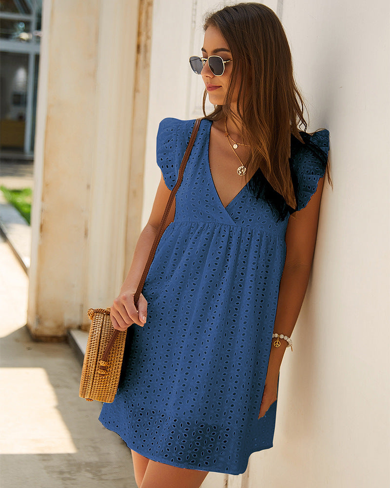 Vestido Corto de Verano para Mujer – Cuello en V, Algodón, Color Sólido