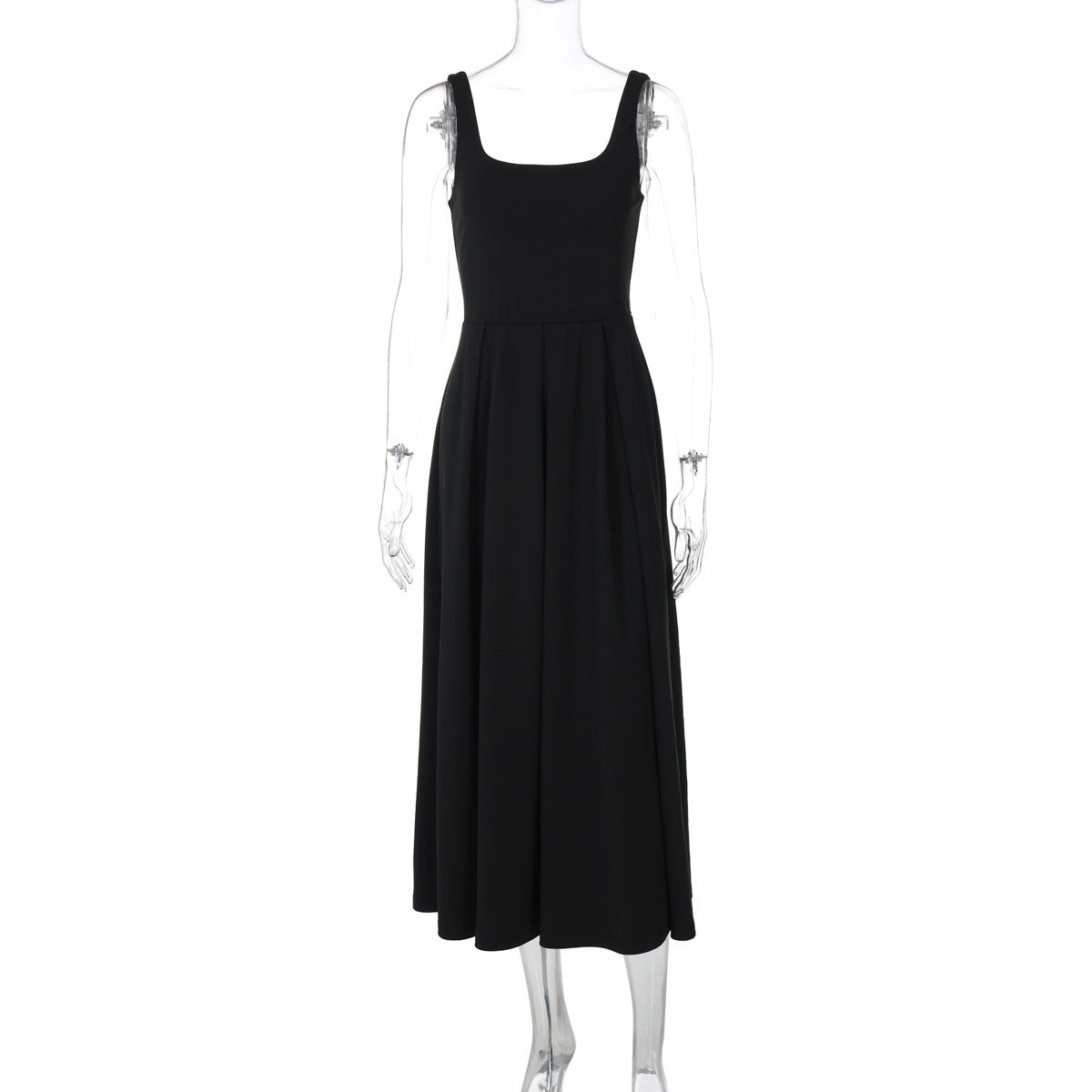 Vestido Largo de Tirantes con Escote Cuadrado y Plisados – Ajuste Slim en la Cintura