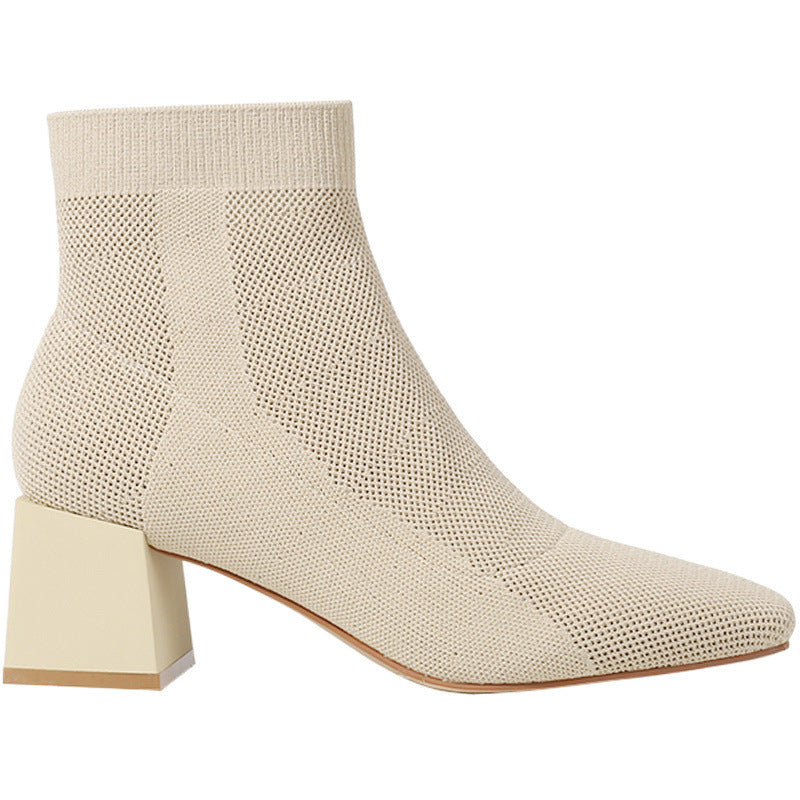 Botines de Punto Elástico con Tacón Grueso – Mujer