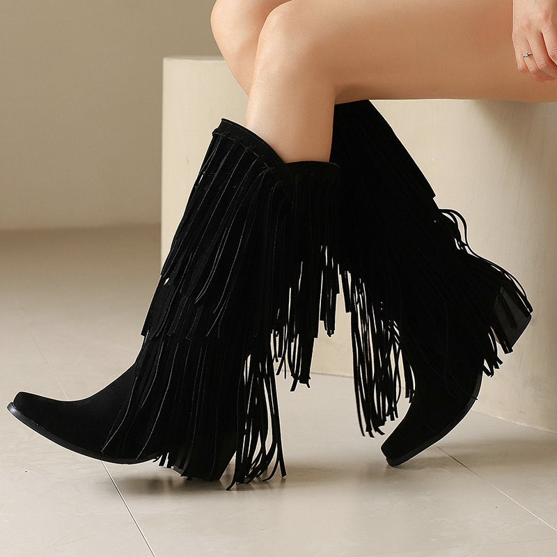 Botas Altas de Gamuza con Tacón y Flecos para Mujer – Otoño e Invierno