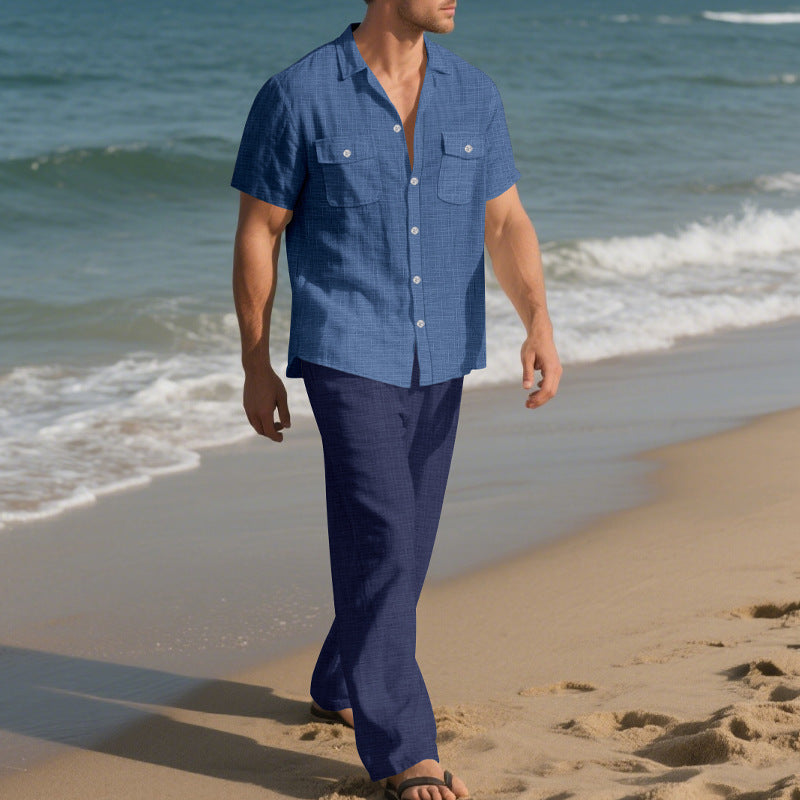 Conjunto de camisa con solapa y pantalón corto para hombre