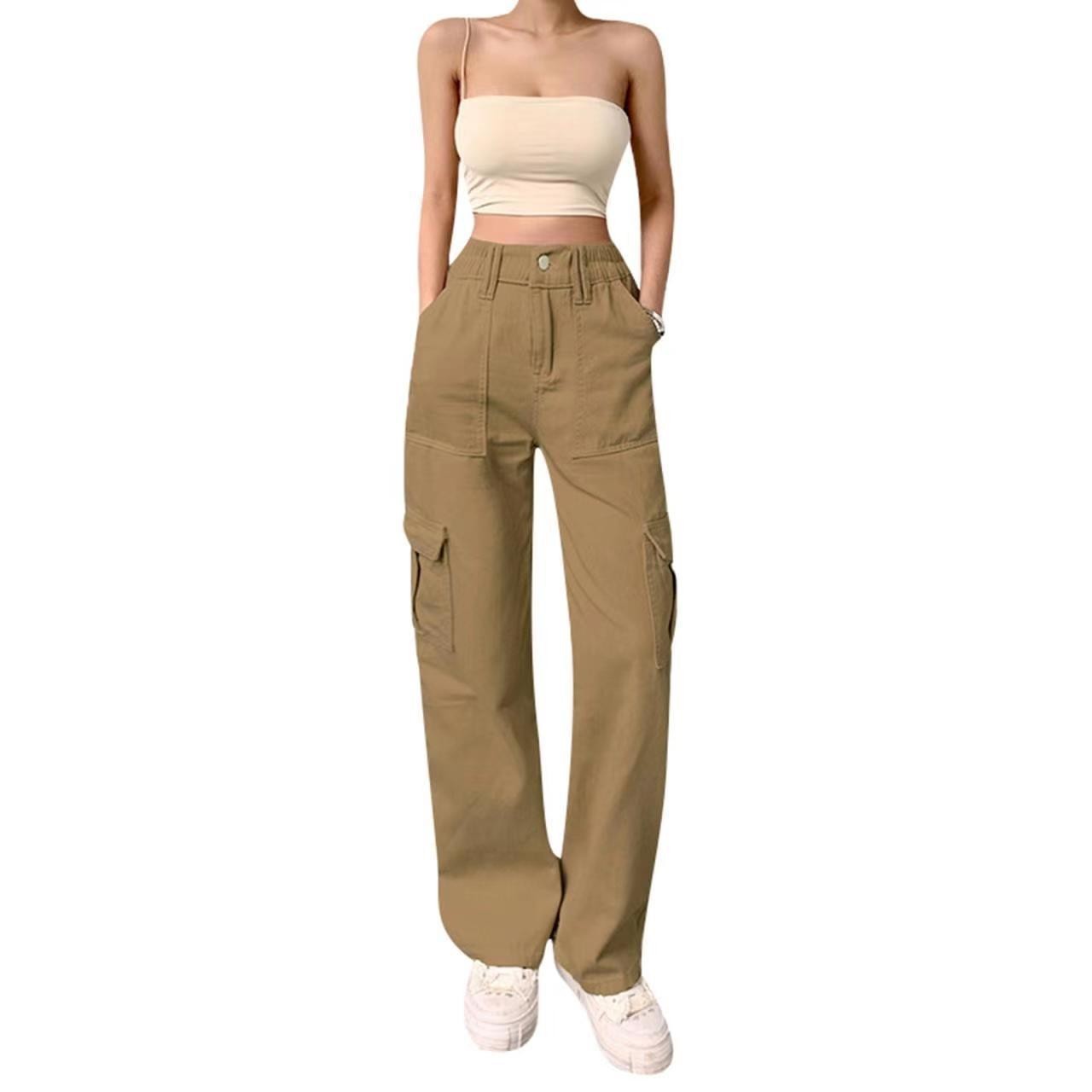 Pantalones de Trabajo Estilo Casual con Múltiples Bolsillos, Corte Recto y Cintura Alta