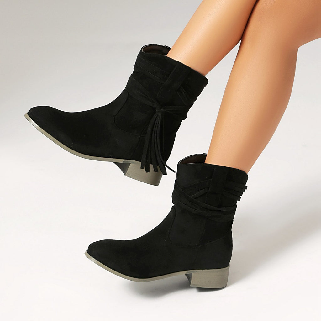 Botines Cortos de Gamuza con Flecos para Mujer – Punta Redonda