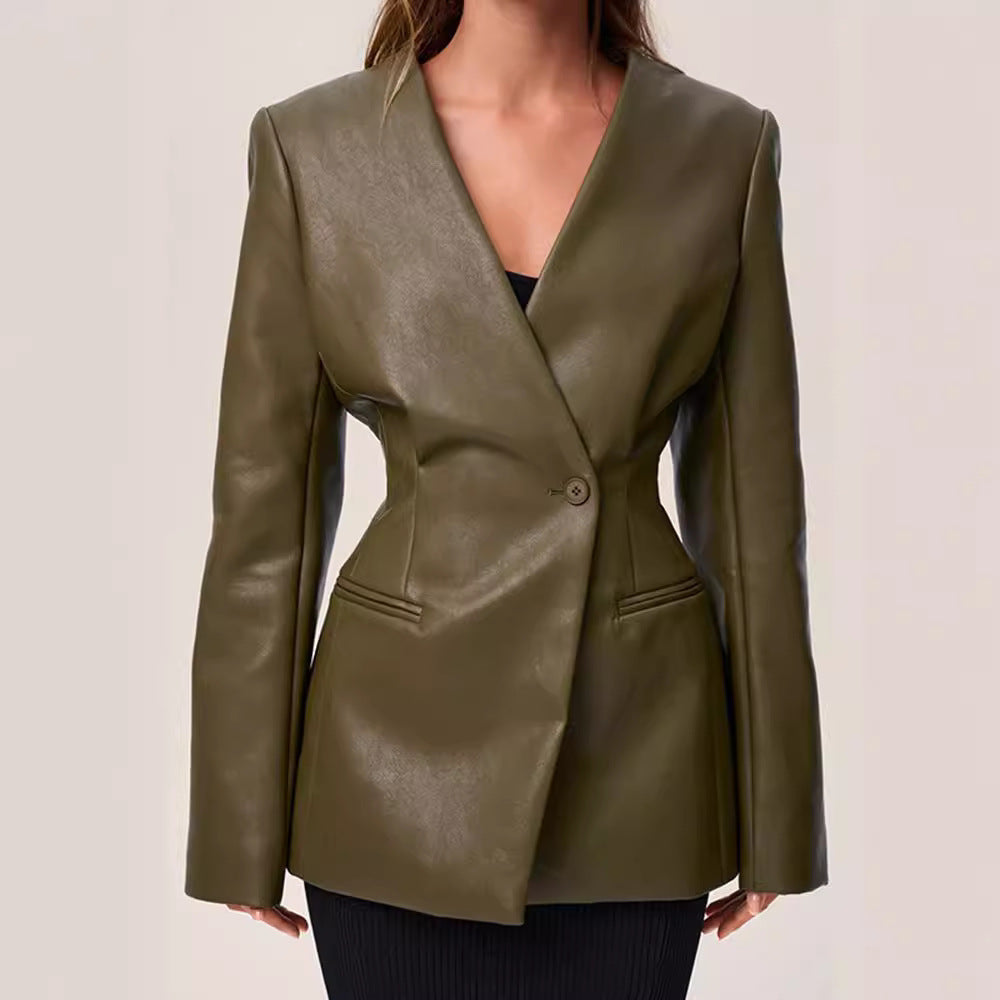 Abrigo Elegante Verde de Cuero con Escote en V y Corte Slim