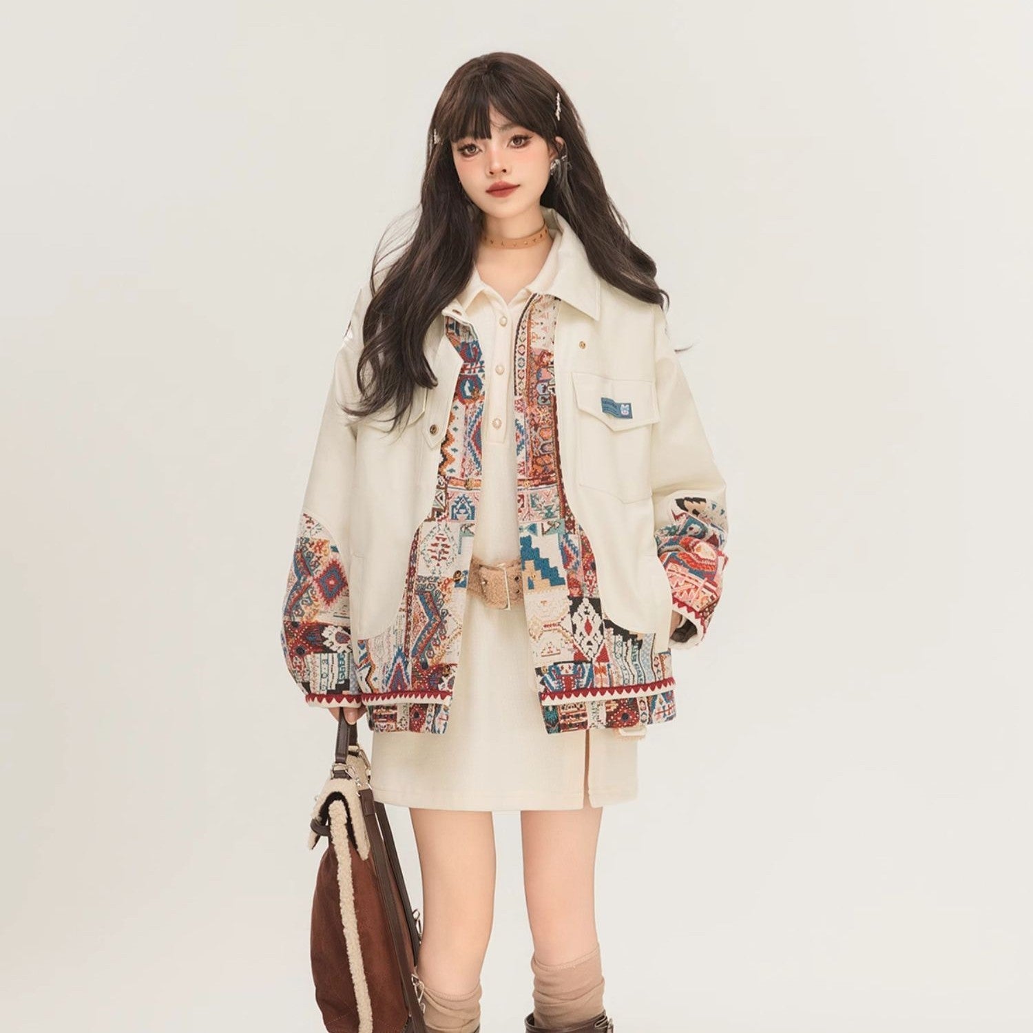 Chaqueta de Cuero PU con Diseño Jacquard