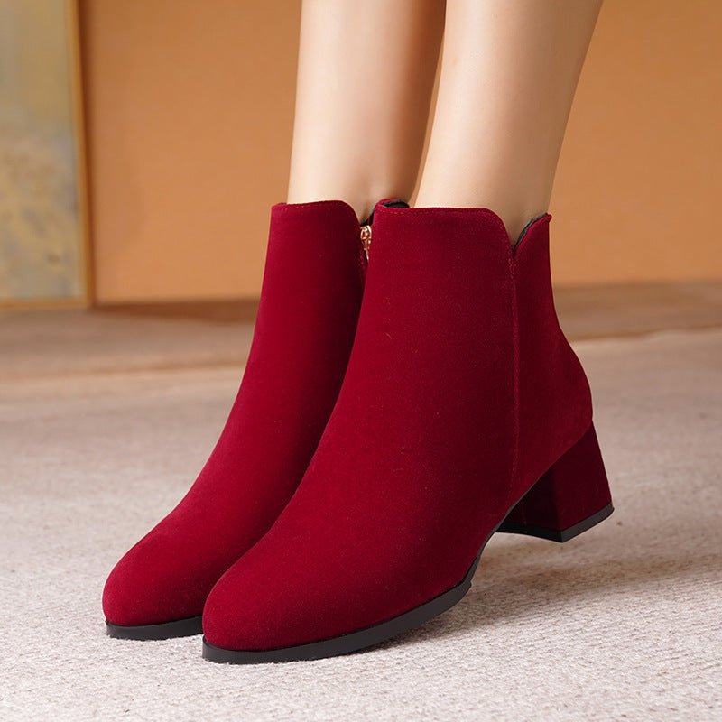 Botas para Mujer Tallas Grandes de Gamuza Frosted con Punta Puntiaguda, Cremallera Lateral y Tacón Grueso Medio