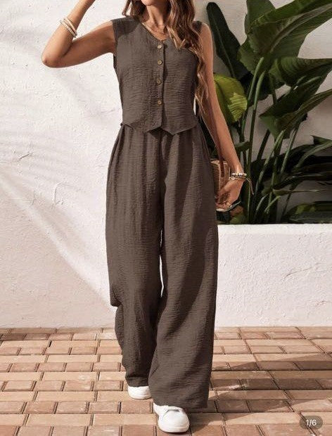 Chaleco y pantalones de lino para uso casual y de oficina, con cierre frontal de botones.