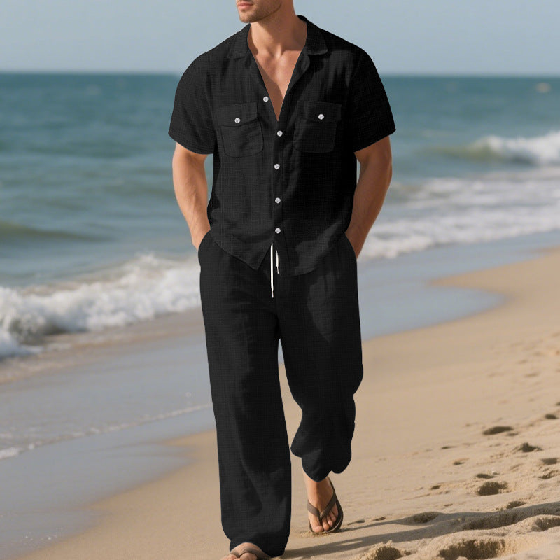 Conjunto de camisa con solapa y pantalón corto para hombre