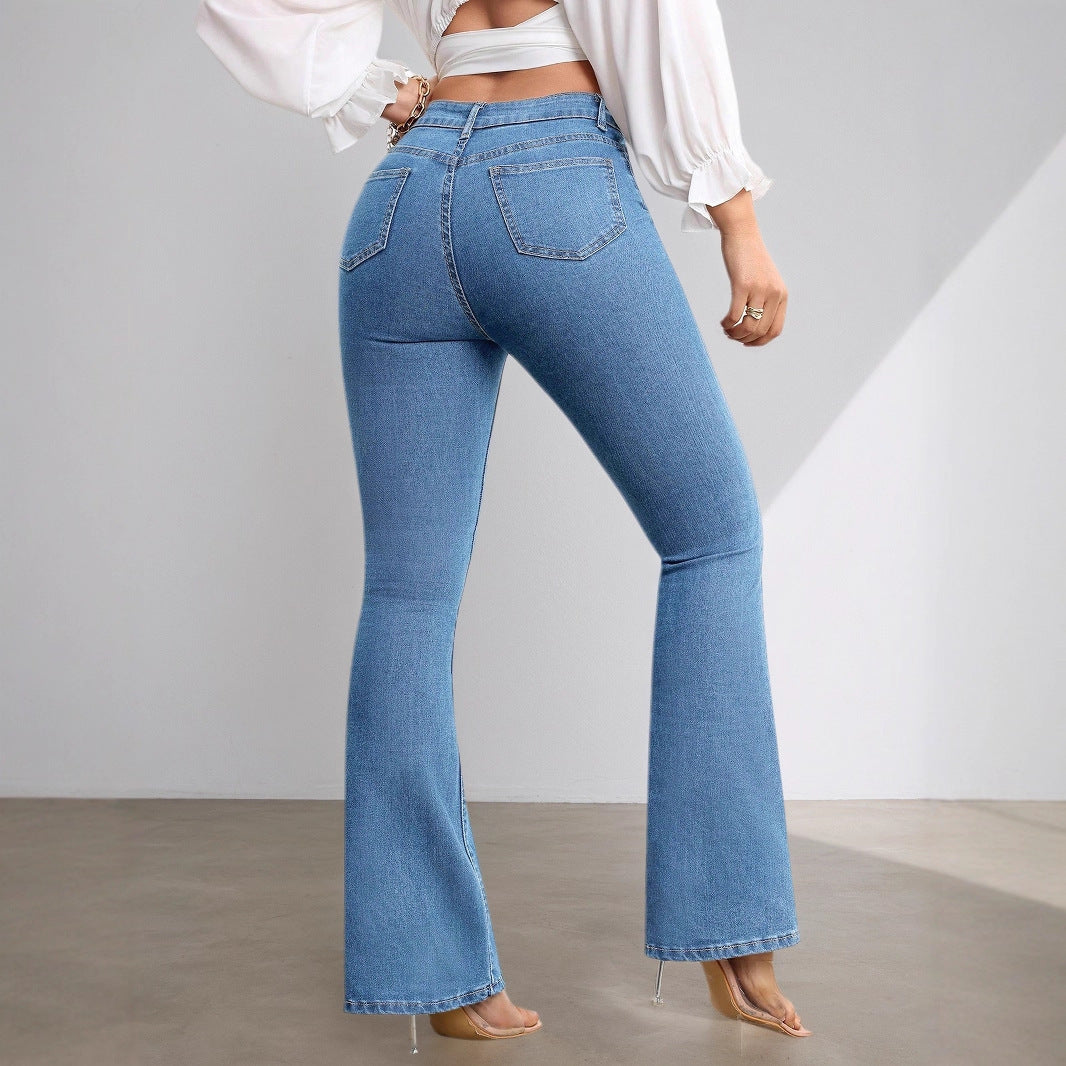 Jeans acampanados de cintura alta con elasticidad para mujer.