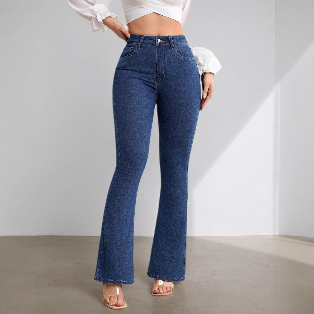 Jeans acampanados de cintura alta con elasticidad para mujer.