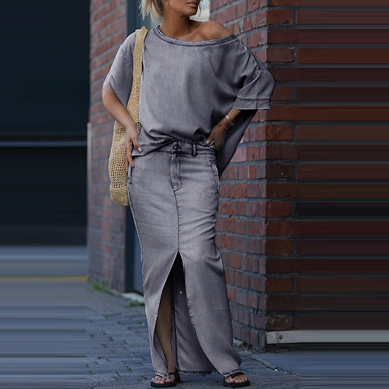 Conjunto de dos piezas para mujer: top de moda europea y americana con falda con abertura.