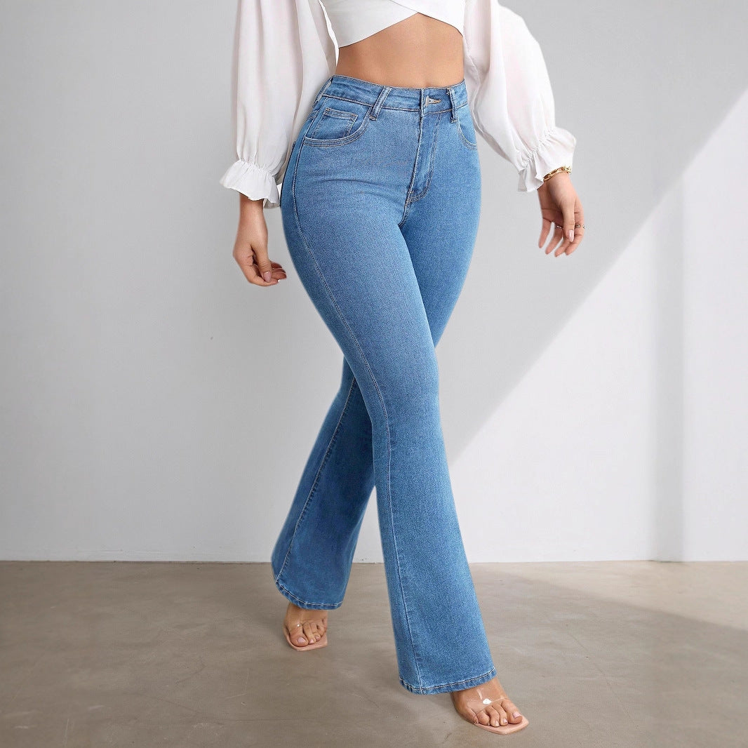 Jeans acampanados de cintura alta con elasticidad para mujer.