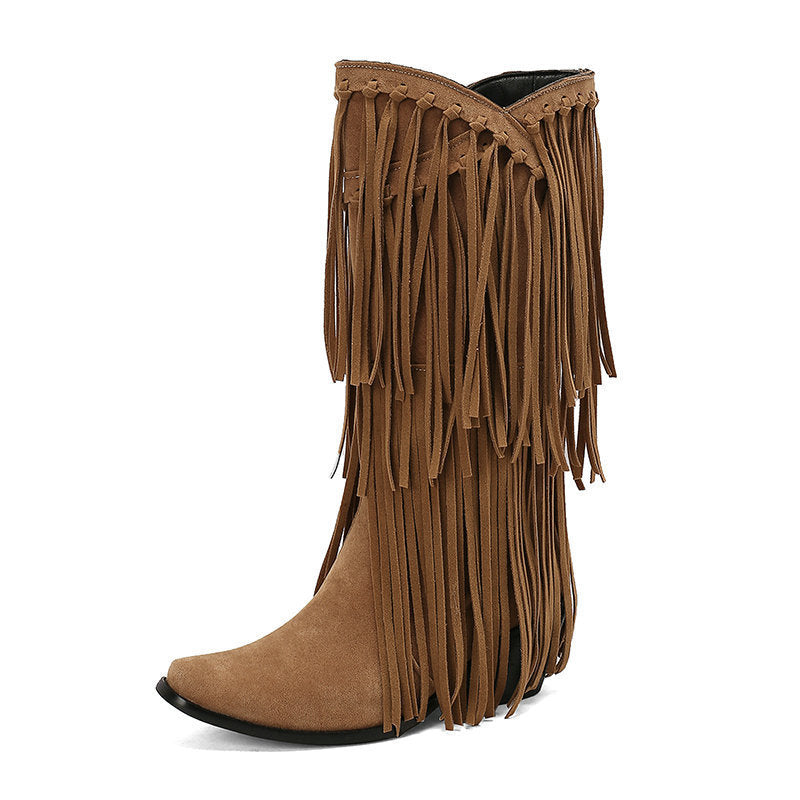 Botas Altas de Gamuza con Tacón y Flecos para Mujer – Otoño e Invierno