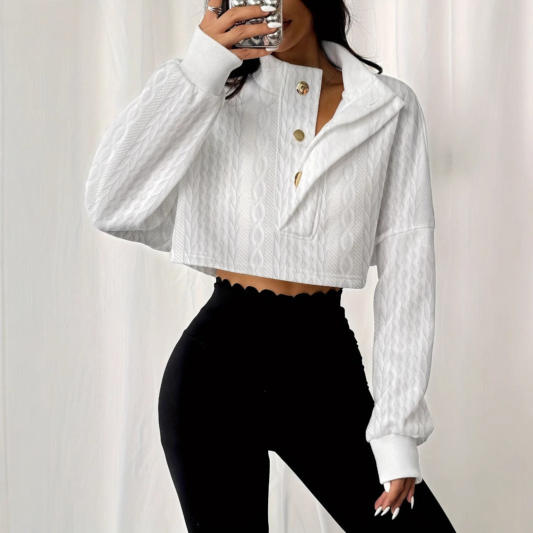 Sudadera Corta para Mujer con Cuello Alto y Botones Frontales