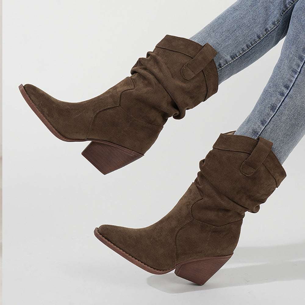 Botines de tacón grueso y alto color café para mujer