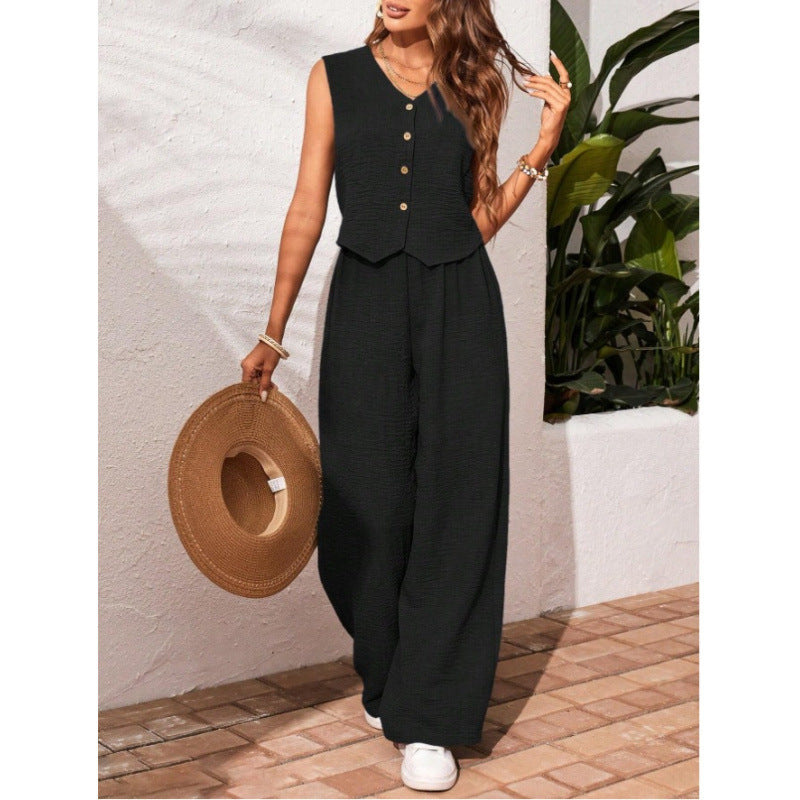 Chaleco y pantalones de lino para uso casual y de oficina, con cierre frontal de botones.