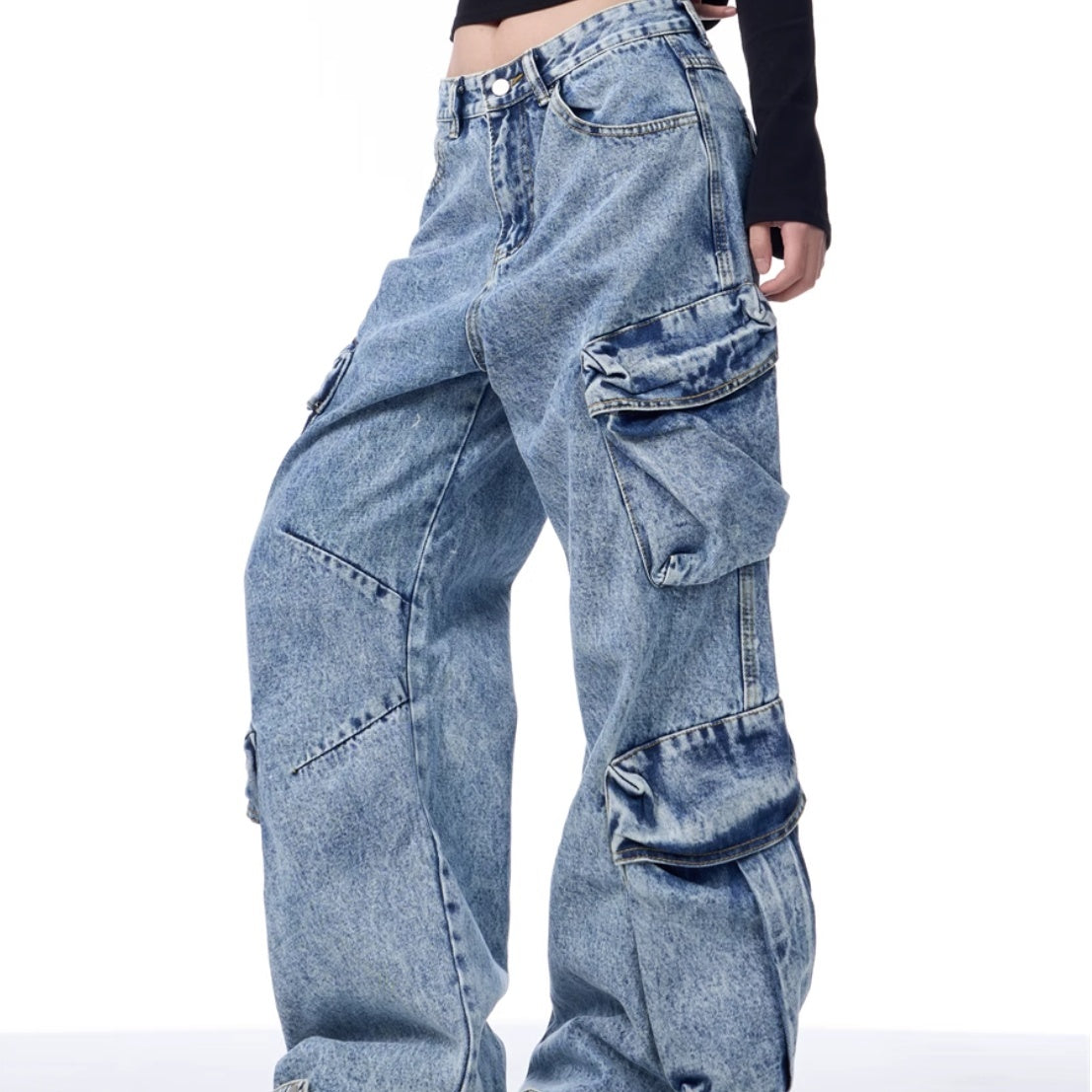 Jeans de trabajo para mujer con múltiples bolsillos, sueltos y de pierna ancha.
