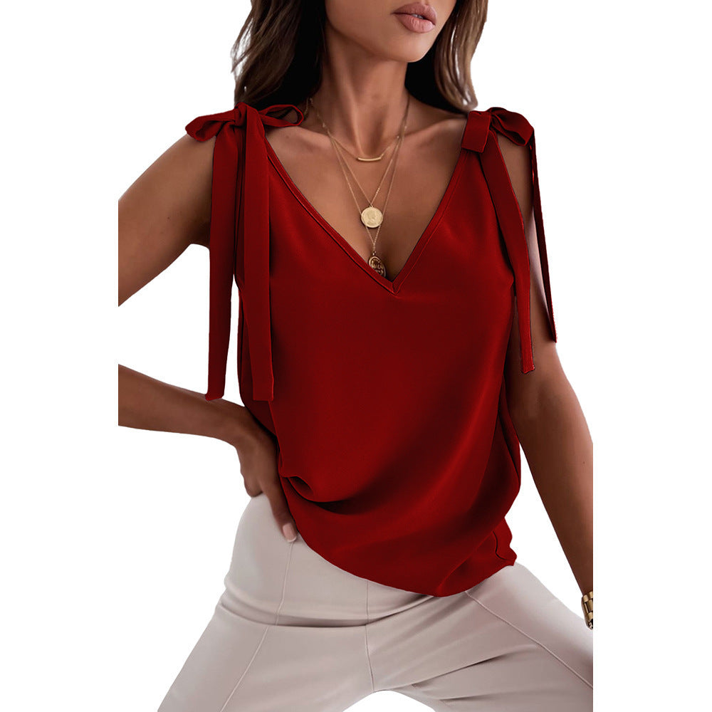 Camisola con Lazo y Escote en V para Mujer – Tops de Verano sin Mangas