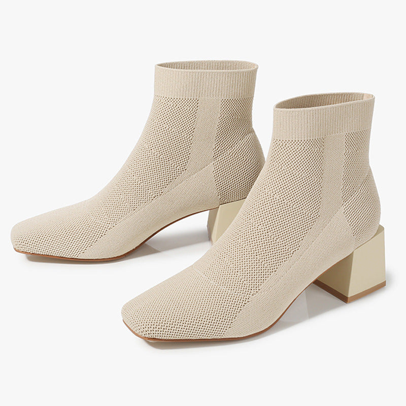 Botines de Punto Elástico con Tacón Grueso – Mujer
