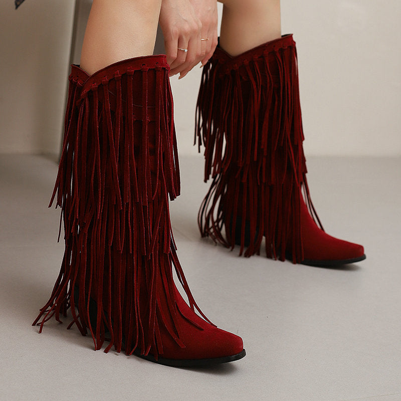 Botas Altas de Gamuza con Tacón y Flecos para Mujer – Otoño e Invierno