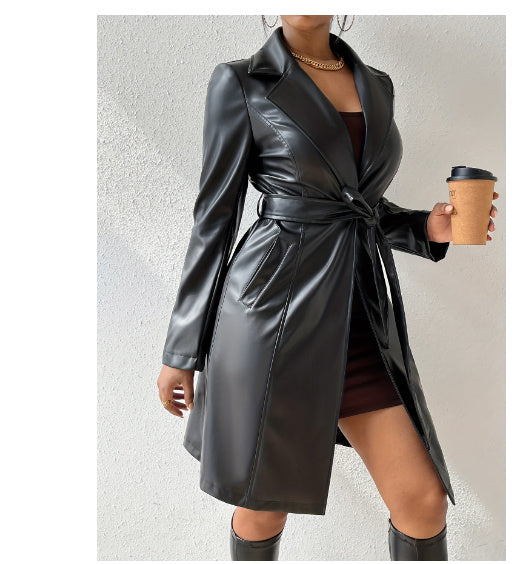 Gabardina Larga Slim Fit para Mujer de PU con Mangas Largas