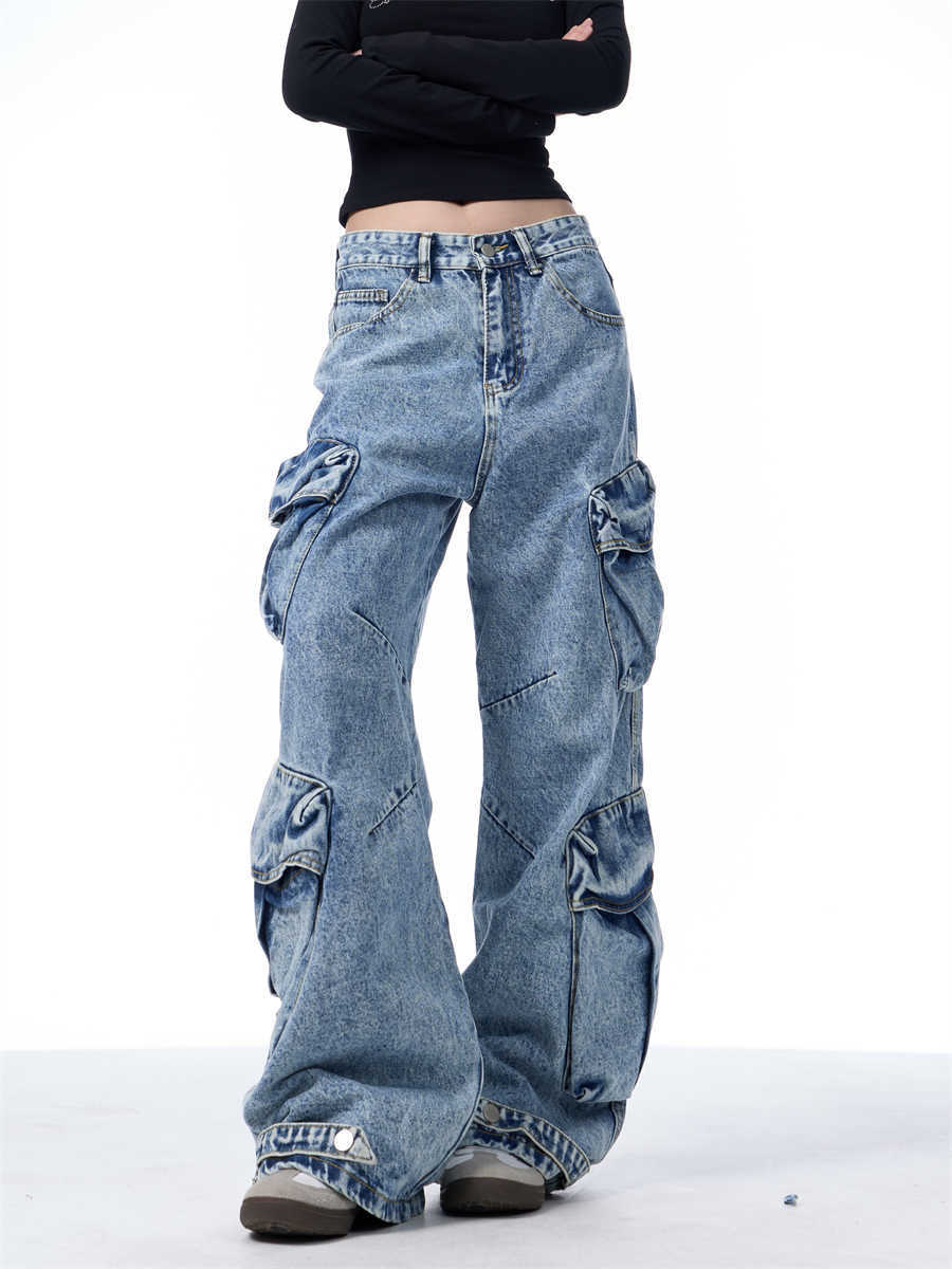 Jeans de trabajo para mujer con múltiples bolsillos, sueltos y de pierna ancha.