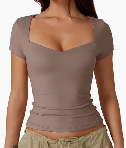 Blusa de moda para mujer, color sólido, slim fit, corte corto