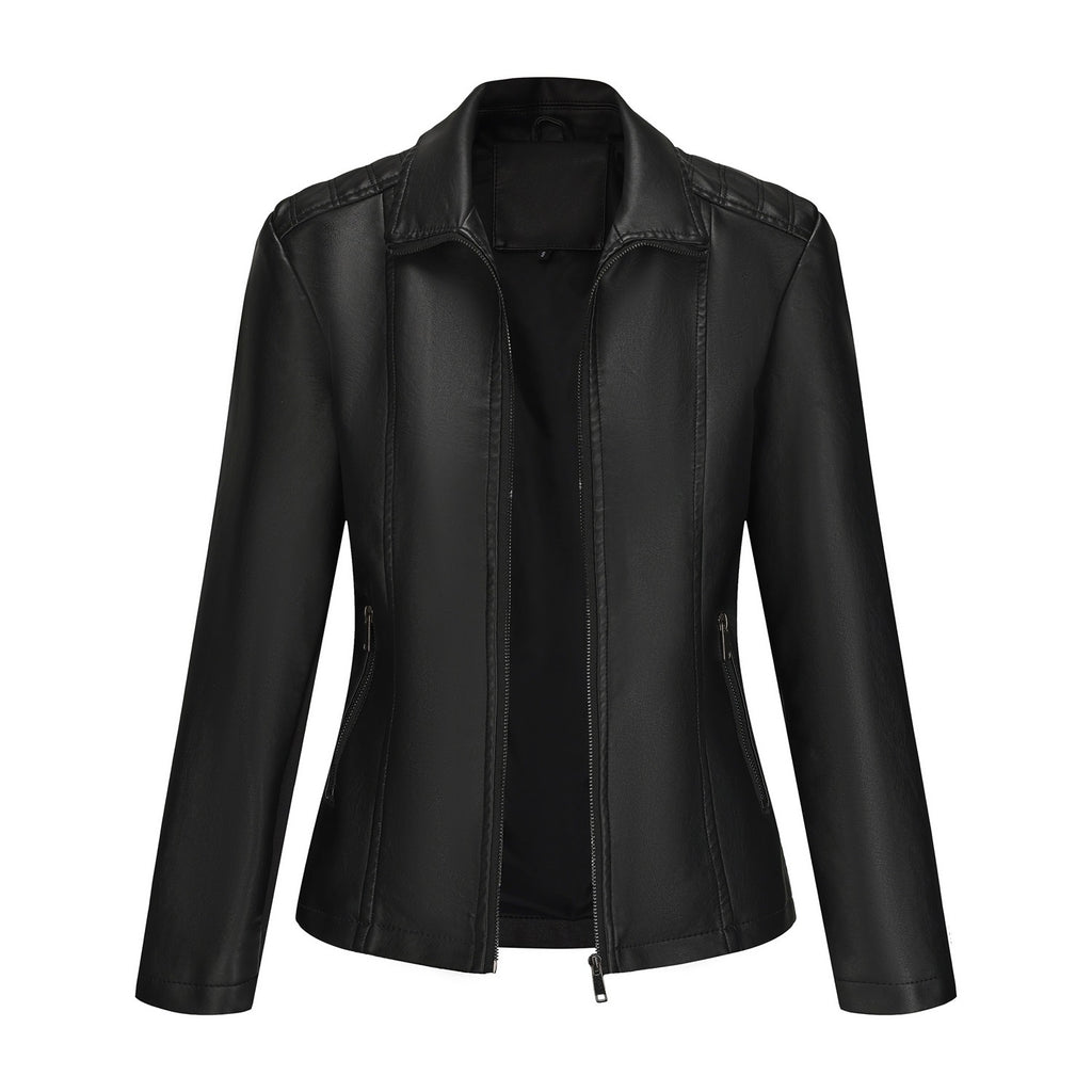 Chaqueta de Mujer en Cuero con Costuras de Punto y Corte Elástico