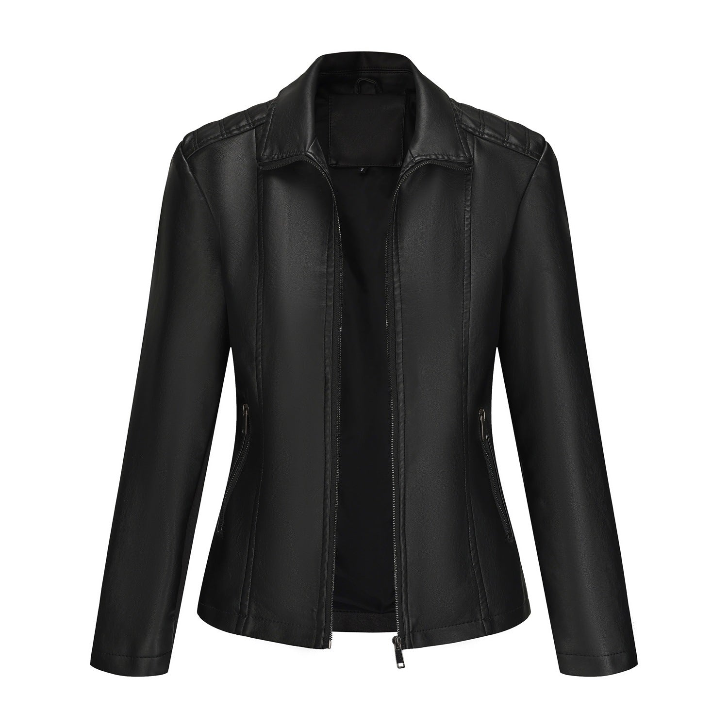 Chaqueta de Mujer en Cuero con Costuras de Punto y Corte Elástico