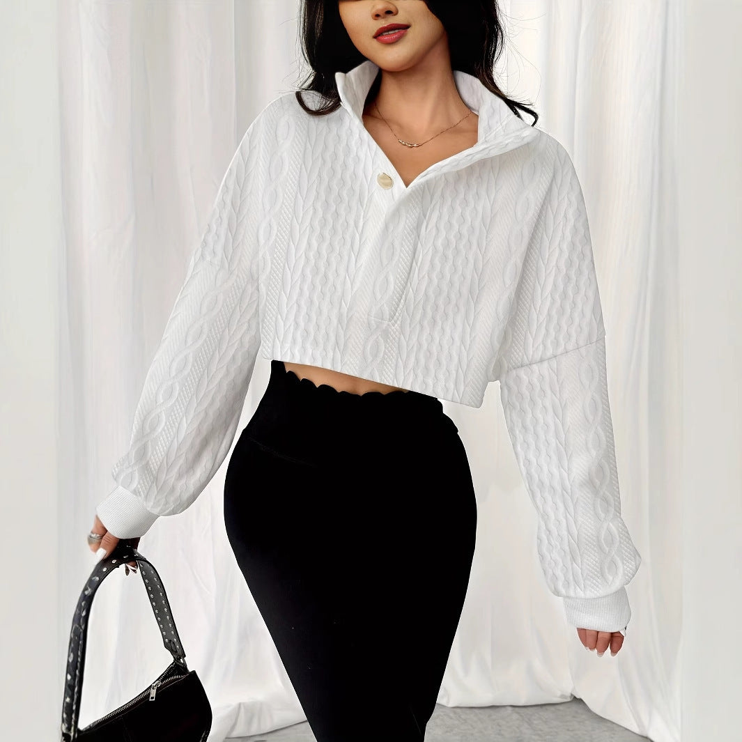 Sudadera Corta para Mujer con Cuello Alto y Botones Frontales
